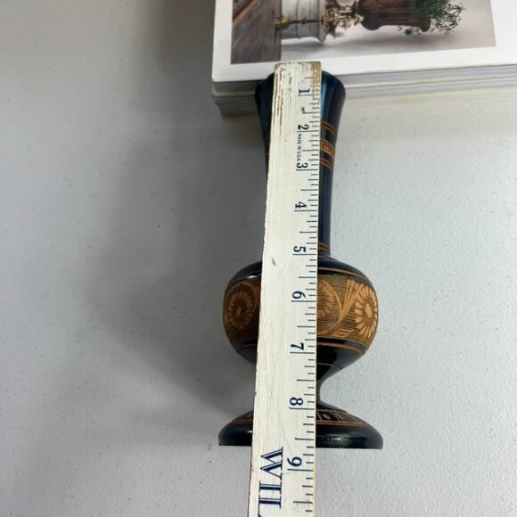 Hand Carved Wood Vase 8.5" Floral Design Decorative Black Brown - Picture 5 of 8